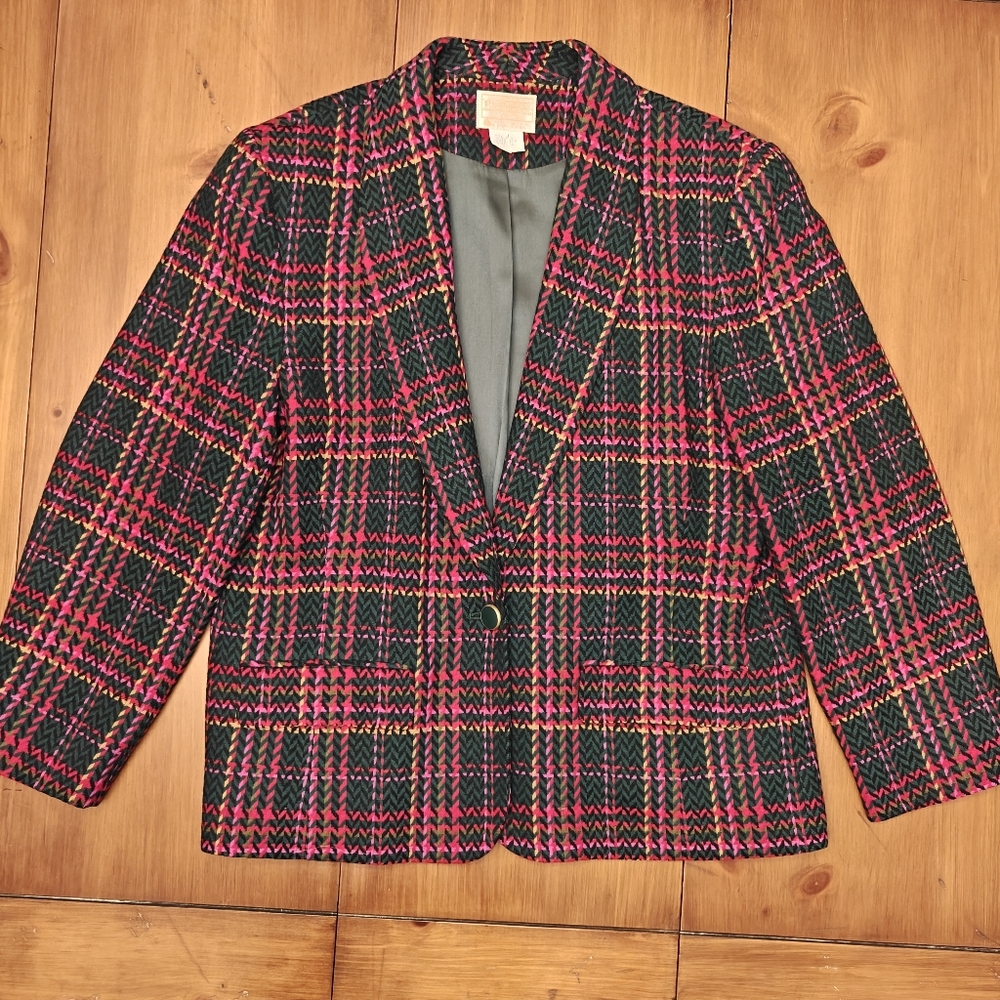Pendleton Plaid Wool Blazer Vintage Holiday Party Women's 16 Green‎ Red Pink EUC